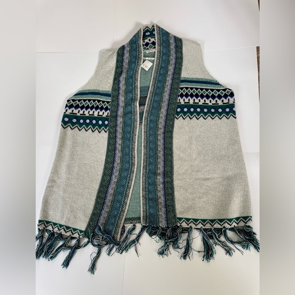 Cato Sleeveless Long Open Cardigan Sweater Fringe Blue Green White Womens 26/28W - Picture 2 of 6